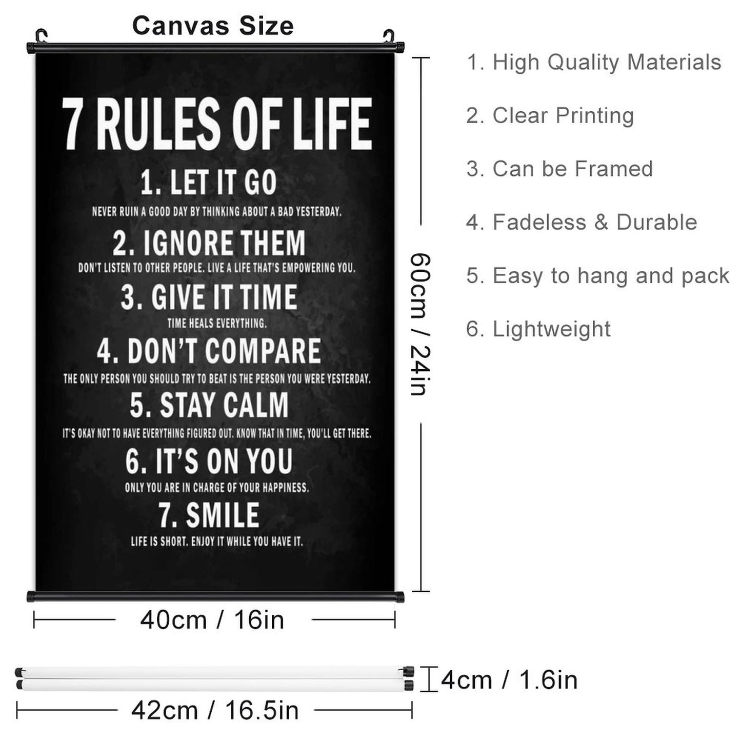 Motivational Poster Wall Scroll 7 Rules of Life Quotes Hanging Artwork Painting Inspirational Art Canvas Print for Home Living Room Bedroom Office Classroom Decor 16" X 24"