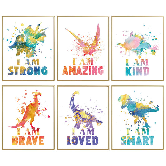 Dinosaur Room Wall Decor Dinosaur Poster For Boys, Nursery Dinosaurs Wall Art Decor Positive Affirmations Art Prints For Kids Boys, Bedroom, Playroom, Nursery, Room Decoration（6 Pcs,8 X 10 In）
