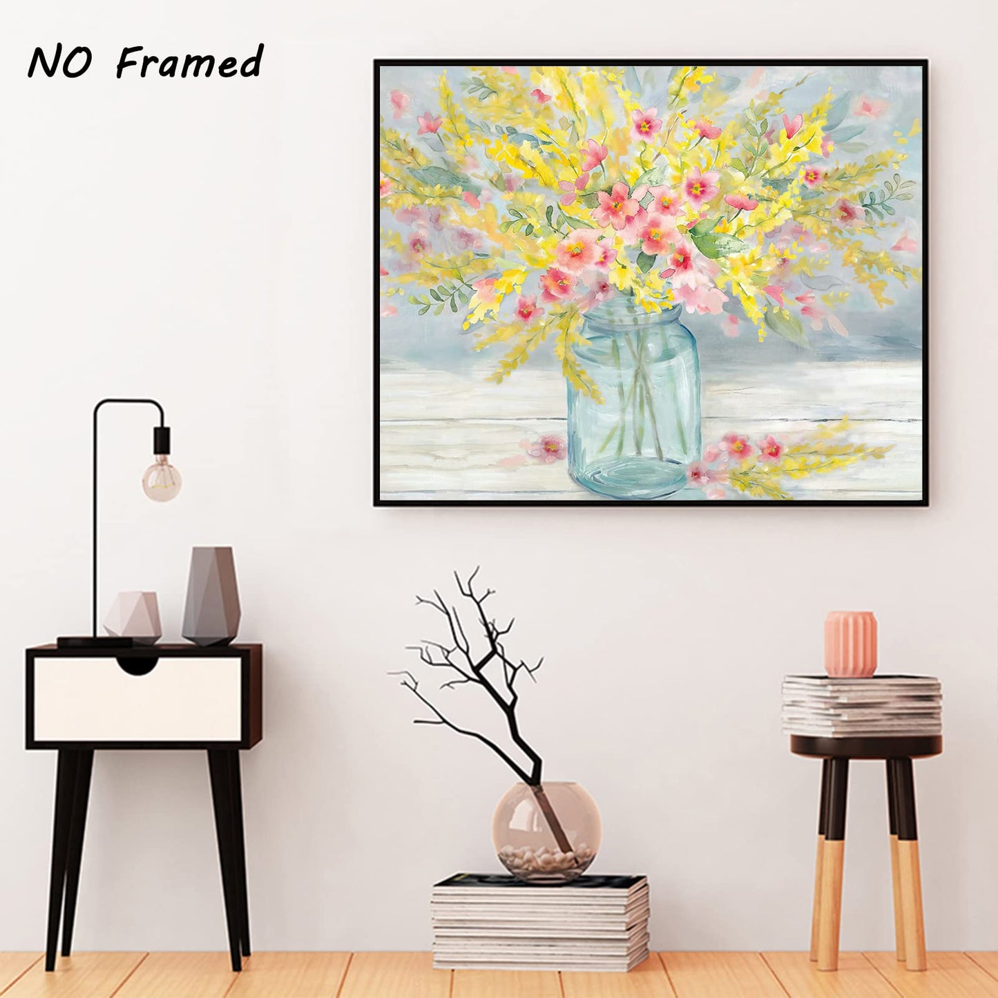 Abstract Pink Yellow Flowers Canvas Wall Art Modern Flower In A Vase Poster Prints Pink Floral Bathroom Wall Decor Rustic Yellow Pictures Painting for Living Room Decor 16x20inch Framelesss Poster