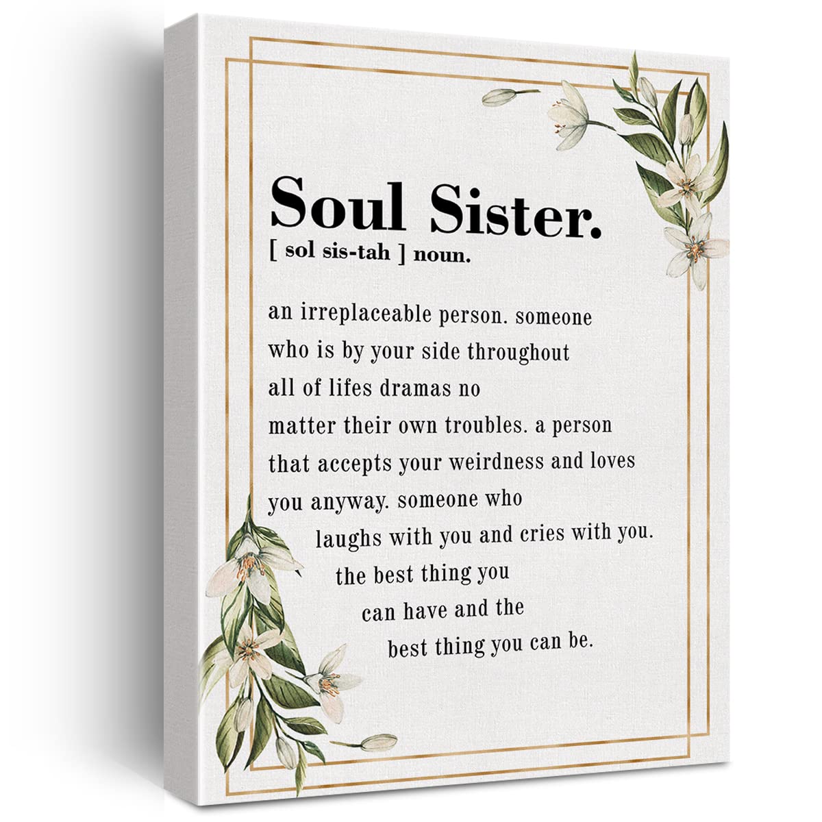 Soul Sister Definition Watercolor Canvas Print Decor an Irreplaceable Person Wall Painting Posters Artwork 11.5"x15" Gift for Home Office Decor (Wooden Framed)