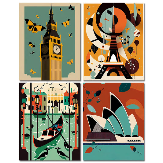 Wall Art Prints Unframed 8"x10",Set of 4 Posters for Room Decor Aesthetic, Dorm Room, Modern Kitchen Wall Art (Charlie Harper World)