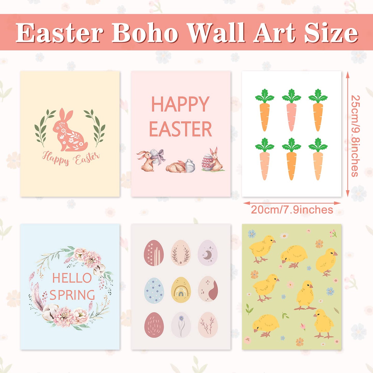 6 Pcs Easter Boho Wall Art Bunny Wall Decor 8 x 10 In Canvas Pastel Aesthetic Wall Decor Unframed Bedroom Decor Pictures for Wall Holiday Poster Prints for Living Room (carrot)