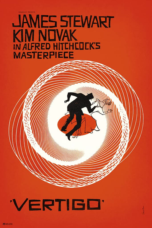 Vertigo 1958 Retro Vintage Alfred Hitchcock Movie James Stewart Film Noir Thriller Classic Hollywood Saul Bass Movie Theater Decor Midcentury Modern Decor Cool Wall Decor Art Print Poster 12x18