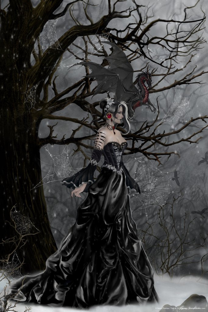 Queen of Shadows At Night With Black Baby Dragon by Nene Thomas Fantasy Poster Dark Forest Witchcraft Sorcerer Cool Wall Decor Art Print Poster 12x18