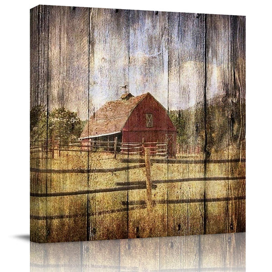 EZON-CH Square Wall Art Canvas Oil Painting, Vintage Farm Barn Canvas Prints Wall Artworks Pictures for Bedroom Living Room, Stretched and Wooden Framed Ready to Hang, 8x8 Inch Wall Decor Posters