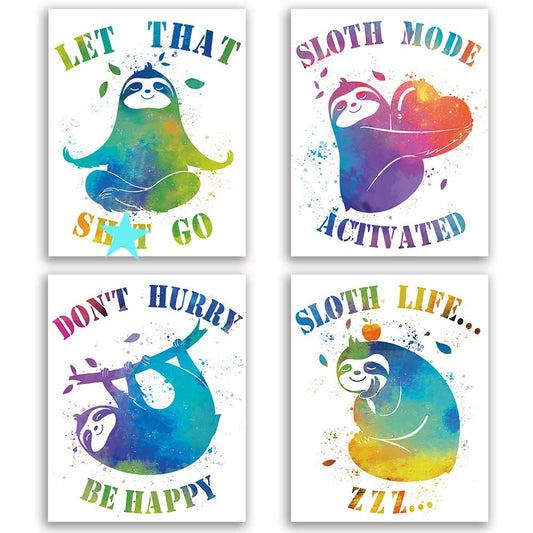 CHIEN-CHI LILI Funny Sloth Watercolor Art Print Set of 4 (8”X10”), Novelty Sloth art Poster for Boys & Girls, Nursery, Kids Bedroom Home Wall Decor, No Frame