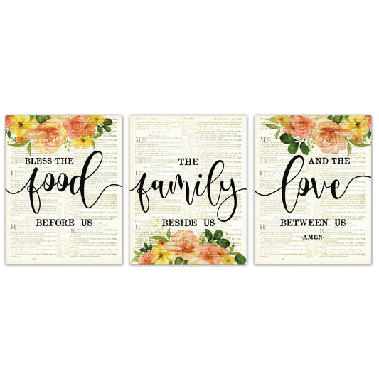SWITHOM Unframed Dining Room Wall Decor - Bless The Food Before Us Vintage Style Wall Art Prints, 11x14 inch Motivational Kitchen Decor, Set of 3 Bible Verse Wall Art Decor Poster for Dining Room