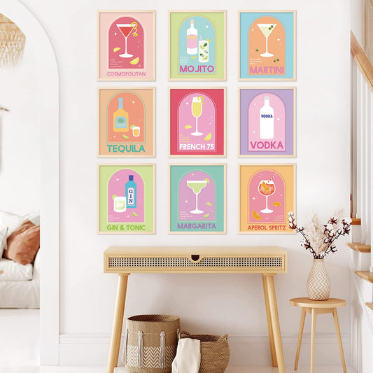 Whaline 9Pcs Cocktail Drink Wall Art Prints 8x10in Colorful Liquor Drink Room Decor Aesthetic Wine Glass Art Poster Decor for Kitchen Bar Man Cave Wall Decor Preppy Room Decor (UNFRAMED)