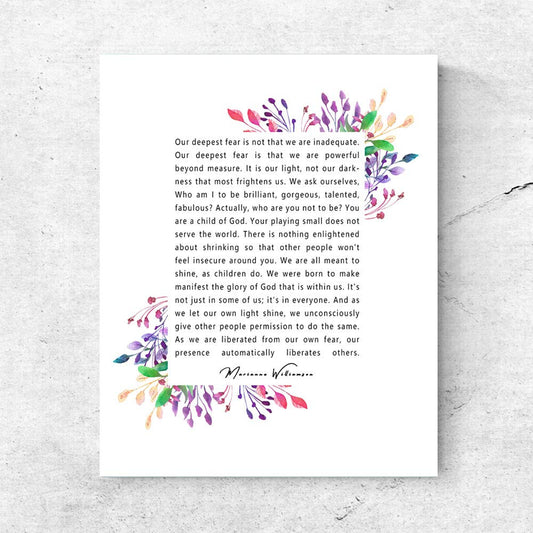 ZLKAPT Marianne Williamson Deepest Fear Quote Wall Art Print - Perfect for Office and Home Decor Inspirational and Motivational Quote Wall Art Poster 8x10 InchesNo Frame