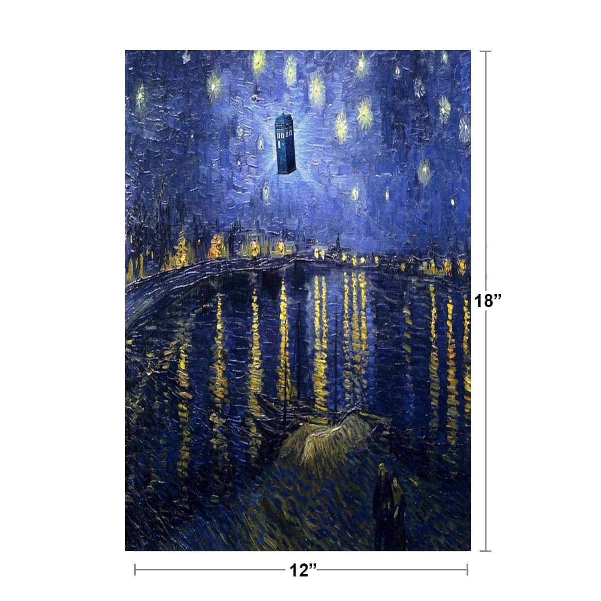 Funny Starry Night Van Gogh Flying Police Box Poster Starry Night Over Rhone Parody Humor Cool Wall Decor Art Print Poster 12x18