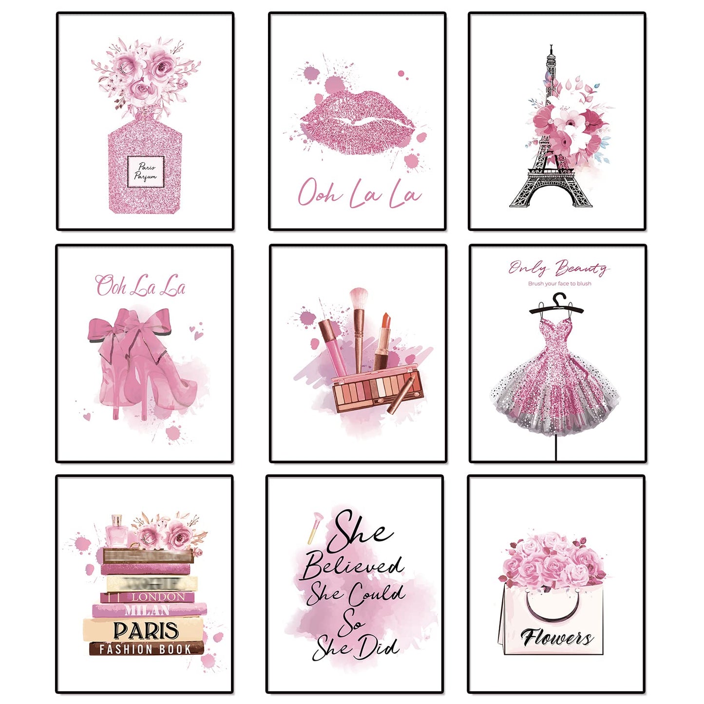 DRBLUEB Pink Flower Perfume Fashion Paris Wall Art Prints Set of 9 High Heels Lipstick Dress Wall Pictures Art Posters Wall Decor for Girls Bedroom Makeup Art Women Room 8''x10'' UNFRAMED, LXM0004-2
