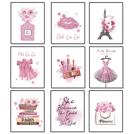 DRBLUEB Pink Flower Perfume Fashion Paris Wall Art Prints Set of 9 High Heels Lipstick Dress Wall Pictures Art Posters Wall Decor for Girls Bedroom Makeup Art Women Room 8''x10'' UNFRAMED, LXM0004-2