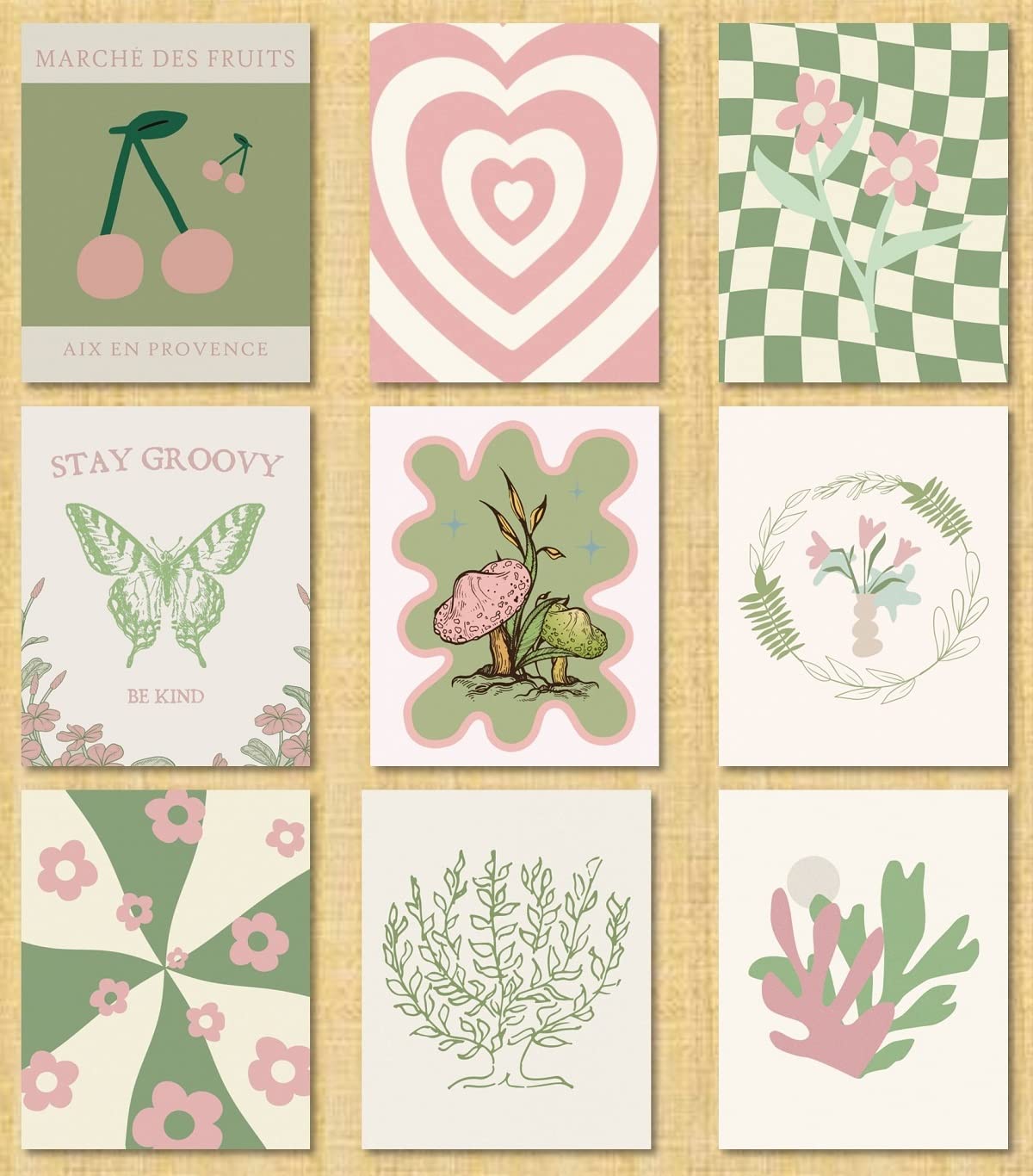 MINI ZOZI Danish Pastel Posters 8x10 9pcs Aesthetic Room Decor Green And Pink Wall Art Prints Collage Cute Coquette Trendy Preppy Coconut Girl Y2k Kawaii Indie Retro Pictures Butterfly Heart Cherry