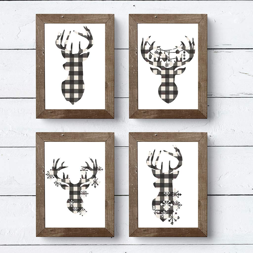 Miss Kate Cuttables 8x10 Prints - Cream & Black Buffalo Check Reindeer Head Silhouettes - Christmas Decoration Art for Frames | Set of 4 Wall Prints Posters (Unframed)