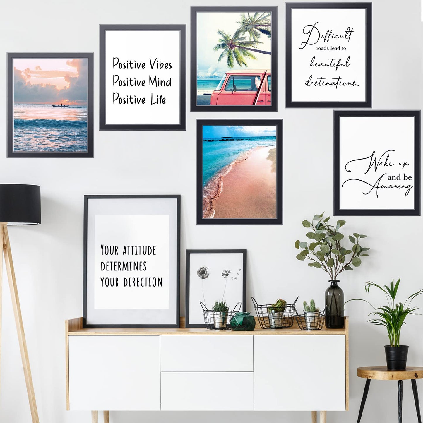 Chinco 9 Pieces Inspirational Beach Wall Art Office Motivational Quotes Wall Art Palm Tree Posters Set Summer Ocean Coastal Photos Prints for Men Women Bedroom Living Room Decoration