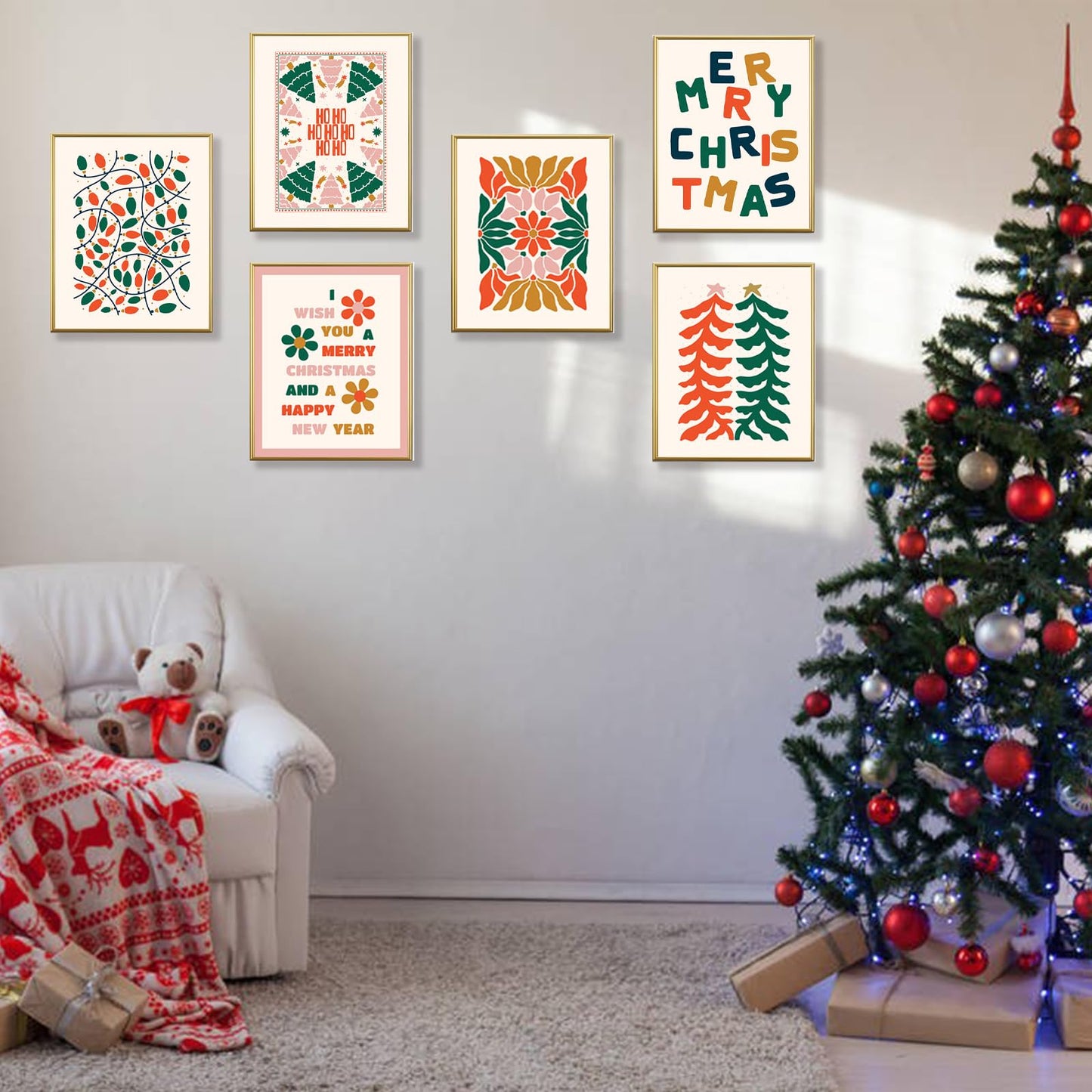 Christmas Tree Posters Wall Art - 8x10 Merry Christmas Wall Decor,Aesthetic Botanical Pictures Winter Art, Pine Trees Gallery Wall Prints for Holiday Bedroom Bathroom Living Room UNFRAMED (Christmas)