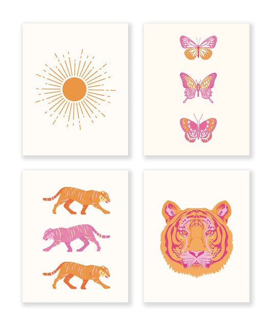 LiTiu Boho Sun Sunrise Sunshine Tiger Butterfly Preppy Trendy Wall Art Poster Prints Decor,8”x10”Set Of 4,Boho Artwork Girls Gifts for Women, Decor For Girls Dorm Room