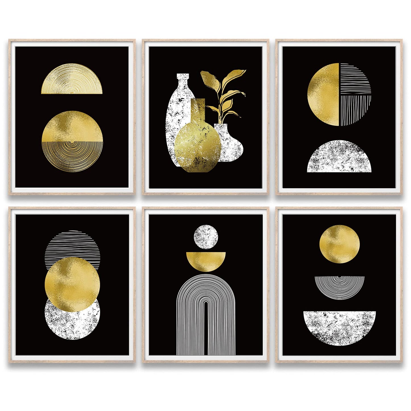 Gold and Black Boho Wall Art Prints Set of 6 (8x10) black art wall deco, Glossy Wall Art Decor, Mid-Century Modern Prints, Minimalist Geometric Boho Art Wall Posters for Bedroom Living Room