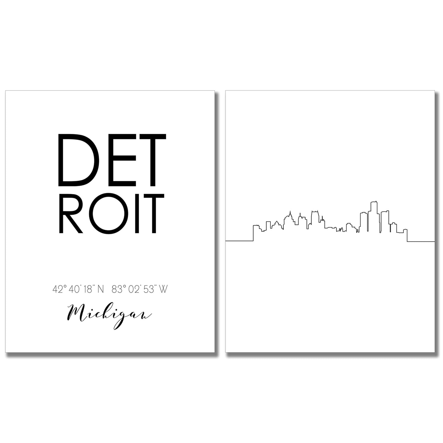 Detroit City Skyline Wall Décor Prints - Set of 2 (8x10) Art Photos - Typography Minimalist Poster