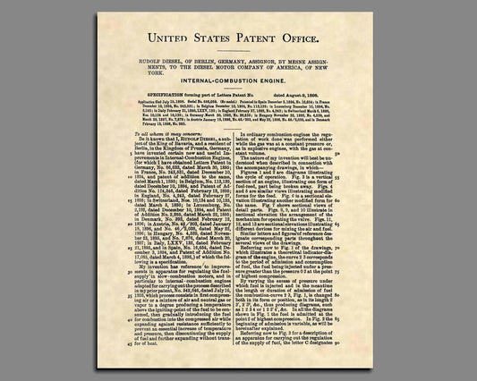 Patent Prints - 1898 Diesel Engine Patent Art - Patent Poster (8.5 x 11) - 140