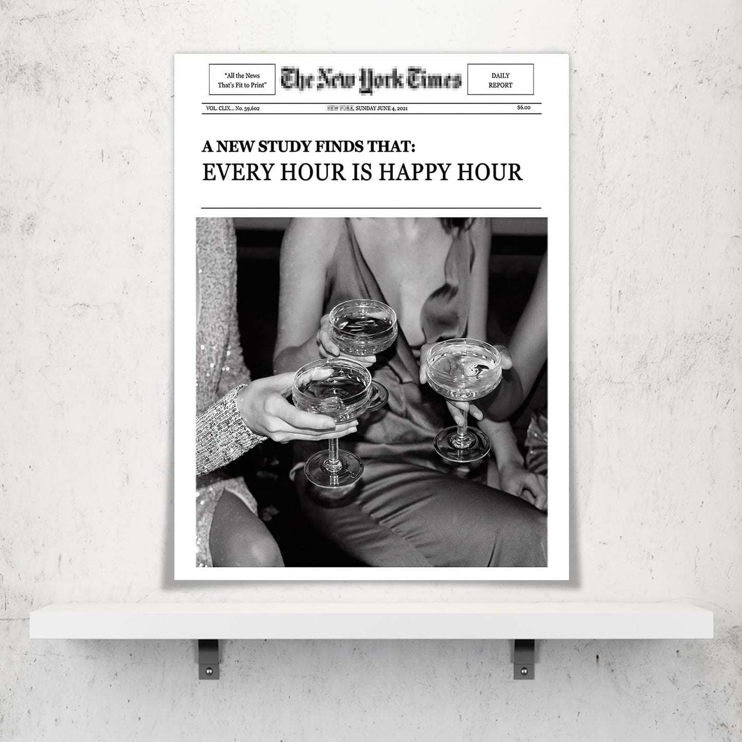 Trendy Wall Art Aesthetic Preppy Poster Print Champagne Funny Black and White New York News Canvas Wall Art Humor Quotes Retro Music Wall Decor for Living Room Bar Cart 12x16in Unframed