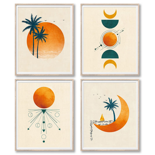 Abstract Sun And Moon Print, Coconut Tree Sun, Minimal Wall Art Poster, Boho Wall Decor, Modern Mid Century Geometric Decor Boho Sun, Sunset Art, (Set Of 4 Prints 8x10 Inch No Frame)