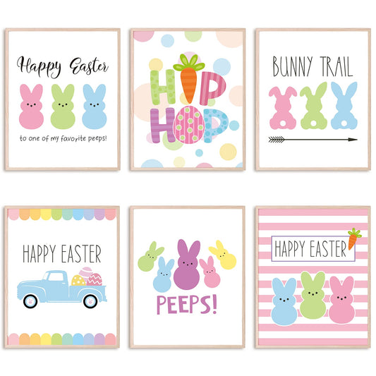 Whaline Easter Wall Art Prints 6Pcs Bunny Egg Rabbit Carrot Prints Canvas Art Posters Colorful Decorative Aesthetic Wall Decor for Home Gallery Living Room Bedroom Decor, 8 x 10 Inch, Unframed