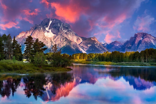 Sunrise at Oxbow Bend Grand Teton National Park Photo Photograph Mountain Nature Landscape Scenic Scenery Parks Picture America Trees Autumn Lake Reflection Cool Wall Decor Art Print Poster 18x12