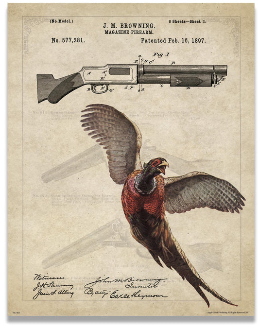 Pheasant Hunting Browning Shotgun Patent Poster Art Print Reproduction 11x14 Black Yellow Lab Labadore Call Wall Decor Pictures