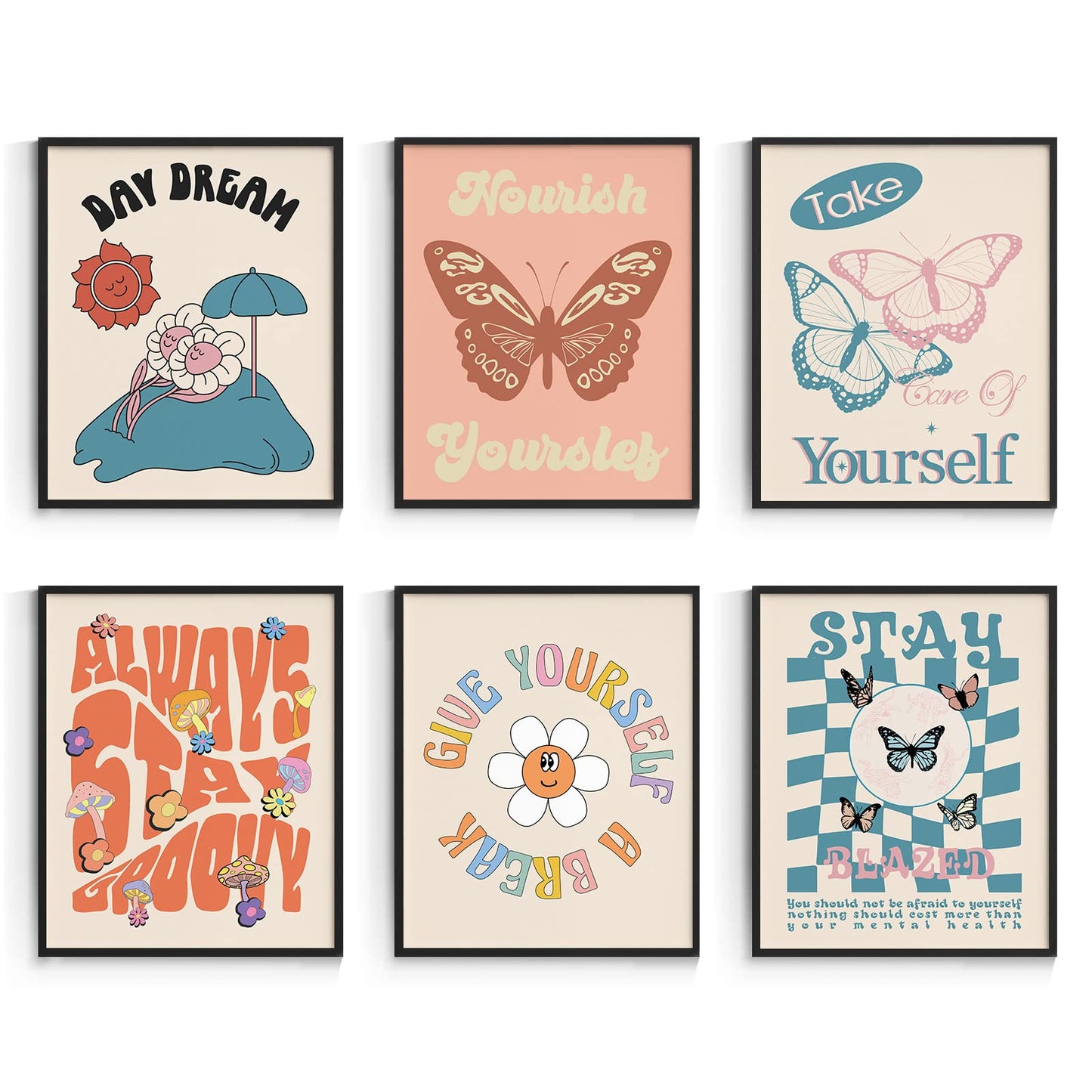 Habseligkeit Butterfly 70s Wall Decor, Floral Hippie Market Posters for Room Aesthetic, Vintage Wall Art Dorm Room Wall Decor Unframed, 8x10in, Set of 6