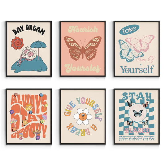 Habseligkeit Butterfly 70s Wall Decor, Floral Hippie Market Posters for Room Aesthetic, Vintage Wall Art Dorm Room Wall Decor Unframed, 8x10in, Set of 6