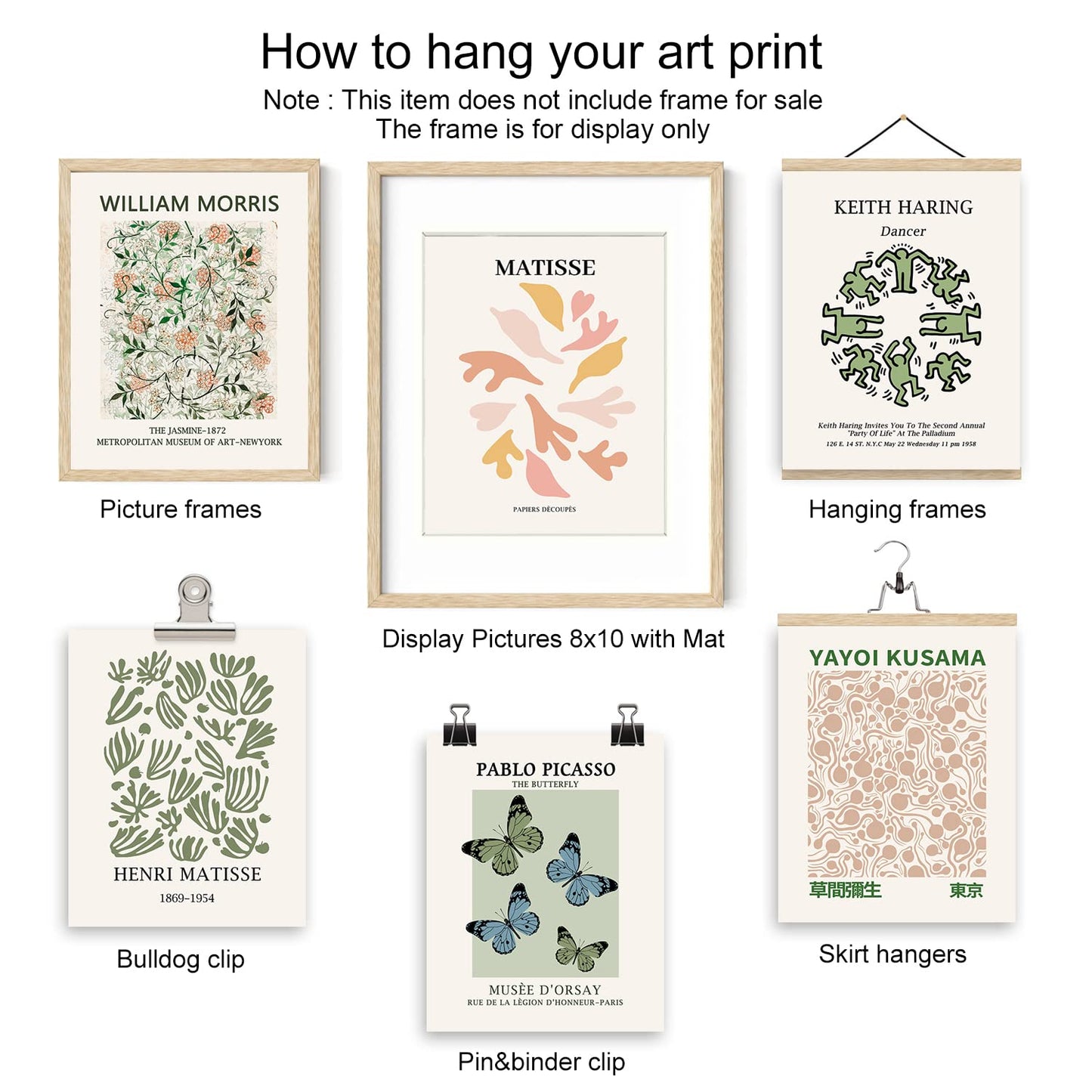 Iknostine Famous Artist Wall Art Prints Set of 6 Matisse Posters Canvas Artwork Aesthetic William Morris Picasso Butterfly Gallery Wall Decor for Bedroom Kitchen Dorm Living Room (8"x10" UNFRAMED)