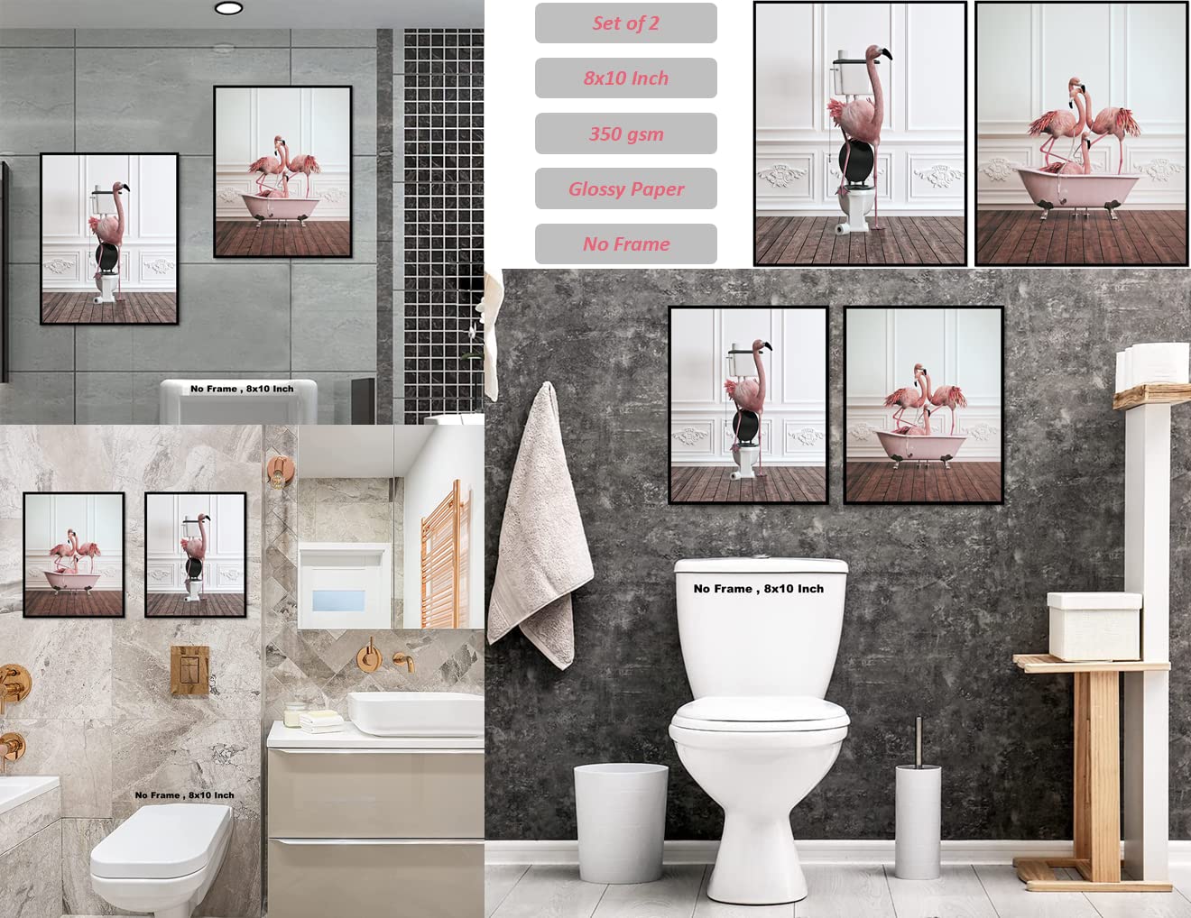 Funny Bathroom Flamingo Wall Art – Unframed Set of 2 (8 x 10 Inch) – Flamingos Pink Room Decor, Bathroom Wall Decor, Kids Bathroom Decor, Animal Flamingos Pictures Posters for Funny Bathroom and