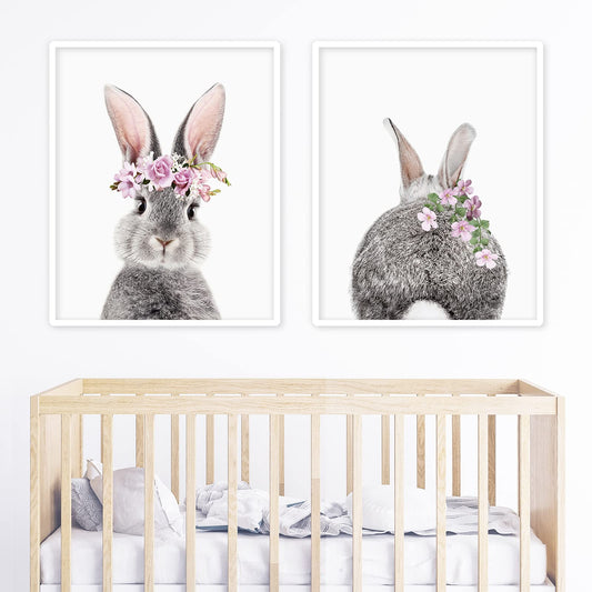 AnyDesign 2Pcs Easter Bunny Wall Art Prints Baby Bunny Rabbit Art Poster Baby Animals Nursery Flower Prints Room Decor Aesthetic for Nursery Wall Kids Bedroom Home Decor (8"x10" UNFRAMED)