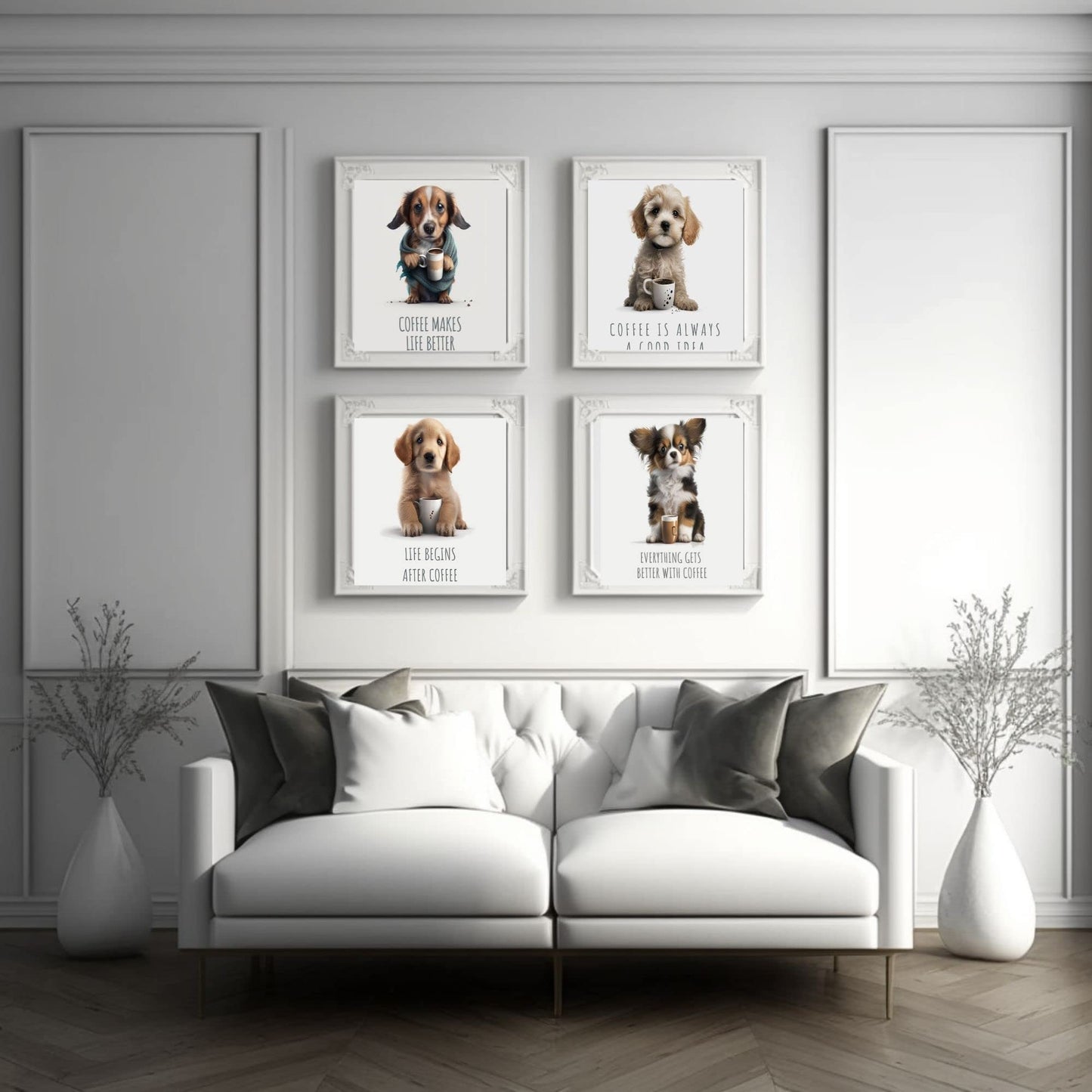 HT LIFE Funny Dog Decor Dog Lovers Wall Art Home Decor Poster Dog Wall Art-Set of 4 (8x10) Funny Animal Wall Art Posters - Cute Poster Funny Wall Art Dogs Who Love Coffee Unframed