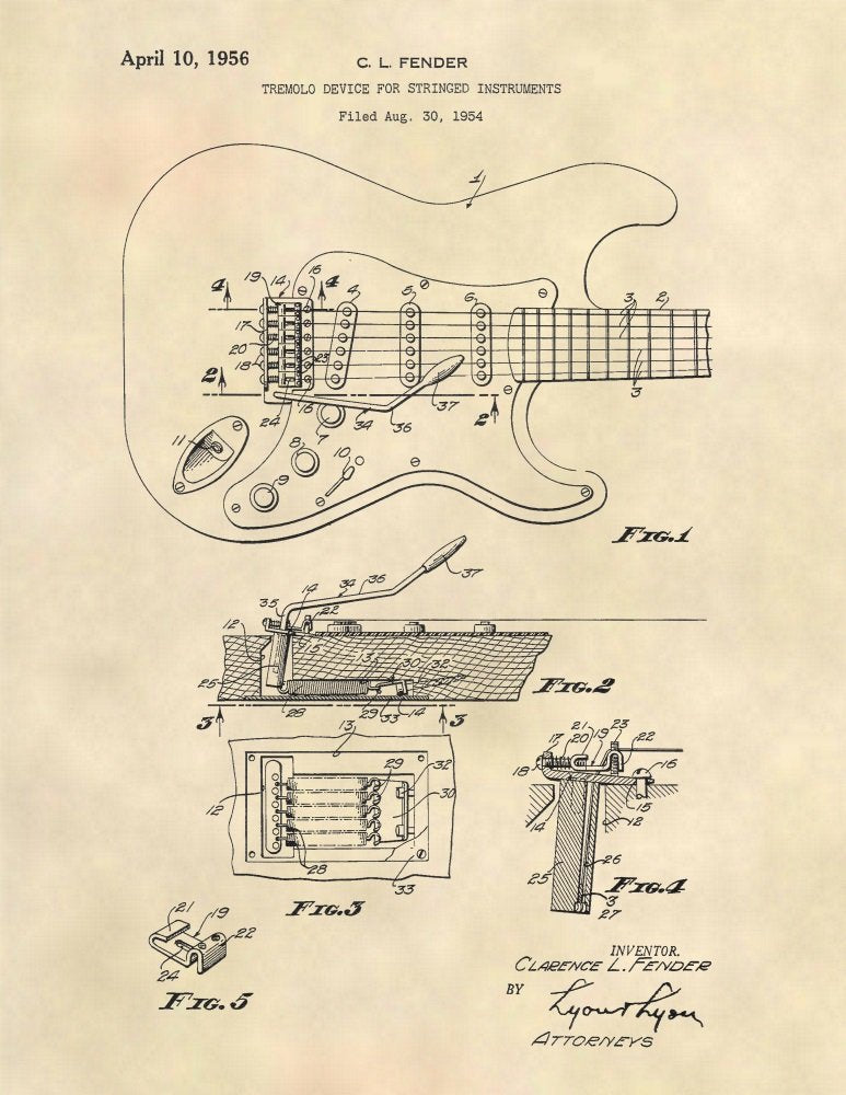 Patent Prints - 1956 Fender Stratocaster Guitar - Guitar Wall Art - Patent Art Poster (8.5 x 11) - 23