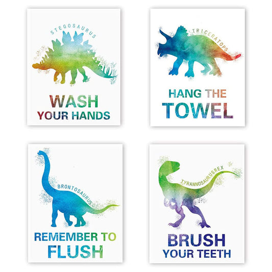 Mimeile Bathroom Wall Cute Dinosaur Art Prints Set of 4 (8”X10”), Watercolor Animal Art Posters Quotes Wash Flush Brush Bathroom Sign for Kid Boy Toddler Room Nursery Canvas Wall Decor, No Frame