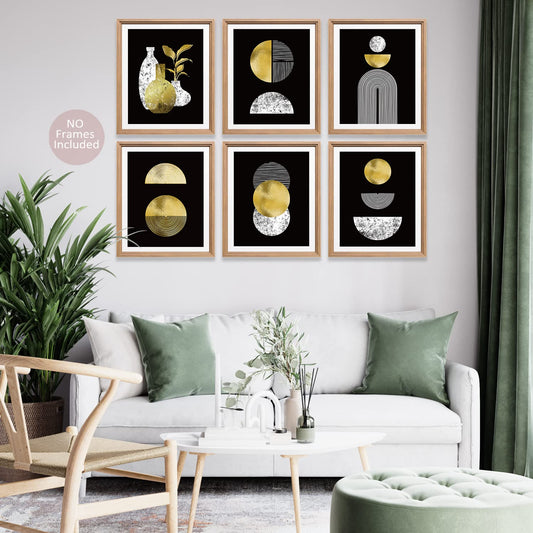 Gold and Black Boho Wall Art Prints Set of 6 (8x10) black art wall deco, Glossy Wall Art Decor, Mid-Century Modern Prints, Minimalist Geometric Boho Art Wall Posters for Bedroom Living Room