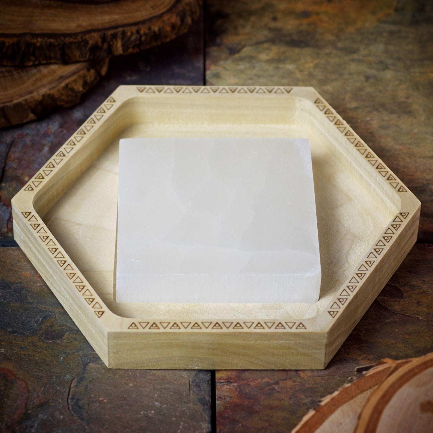 Handmade Selenite Square Crystal Charging Tray made from Natural Poplar Wood