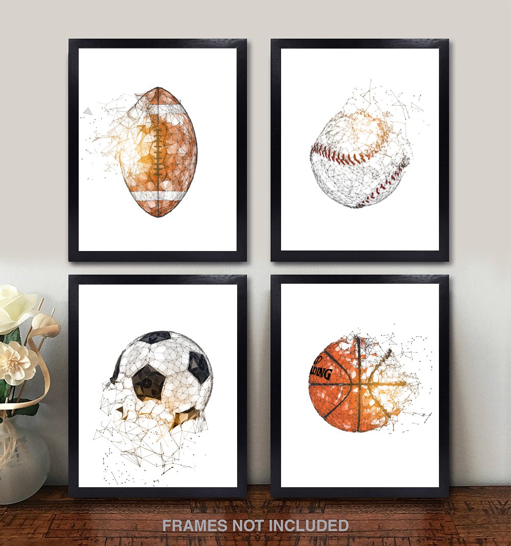 Confetti Fox Football Baseball Soccer Basketball, Kids Bedroom Bathroom Wall Posters, Toddler Nursery (8x10 Unframed Set of 4 Art Prints)