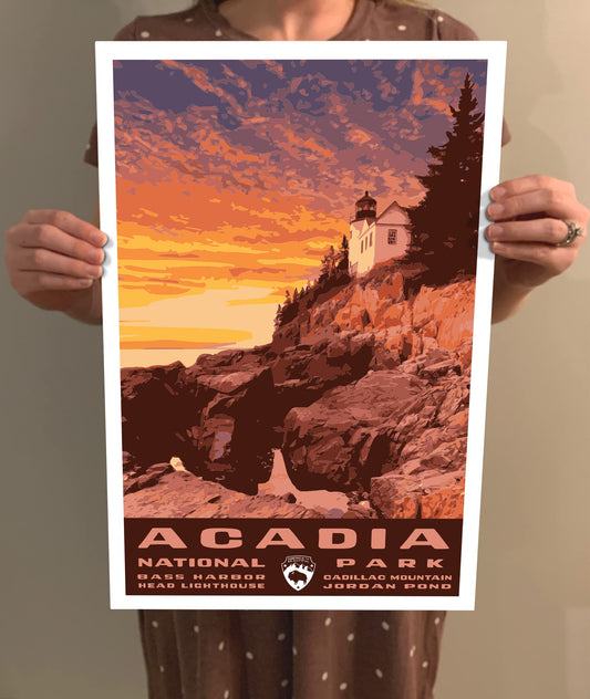 Acadia National Park Vintage-Style Travel Poster - 8x10-12x18-18x24-24x36 / 4x6 Postcard WPA Style Maine Art Print Bass Head Harbor Light Station Lighthouse (4x6 Inch Postcard)