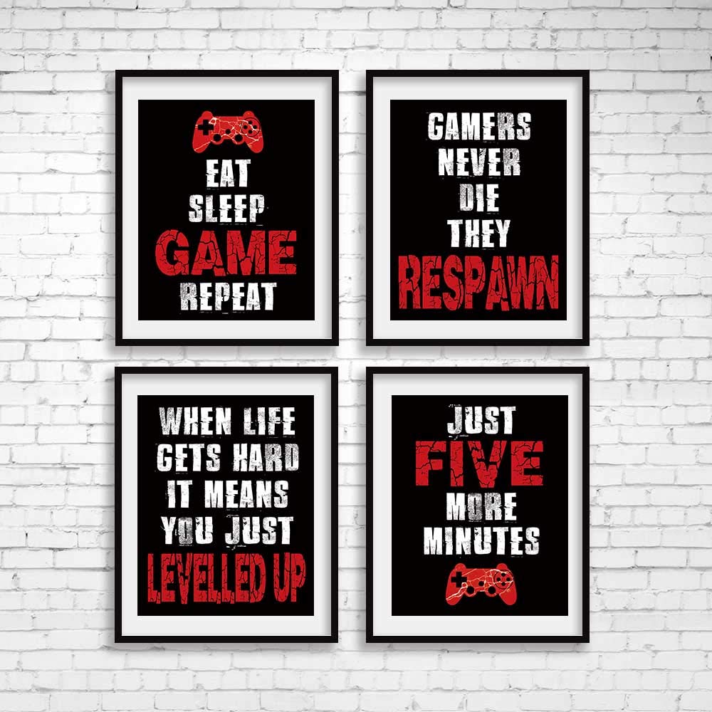 CHIEN-CHI LILI Four Blue Video Game Posters Set of 4 (8”X10”), Cool Video Game Themed Art Print Room Wall Decoration, Gamer Wall Art, Boys Bedroom, Gamer, Kids Room, Black, No Frames