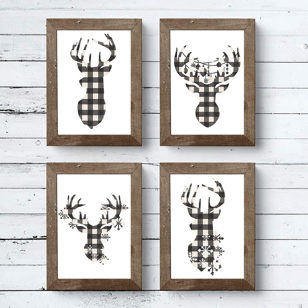 Miss Kate Cuttables 8x10 Prints - Cream & Black Buffalo Check Reindeer Head Silhouettes - Christmas Decoration Art for Frames | Set of 4 Wall Prints Posters (Unframed)
