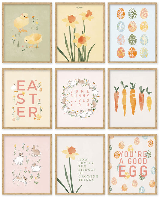 AnyDesign 9Pcs Easter Wall Art Prints Decorative Easter Egg Rabbit Bunny Floral Canvas Art Posters for Spring Holiday Home Gallery Living Room Bedroom Decor, 8 x 10 Inch, Unframed