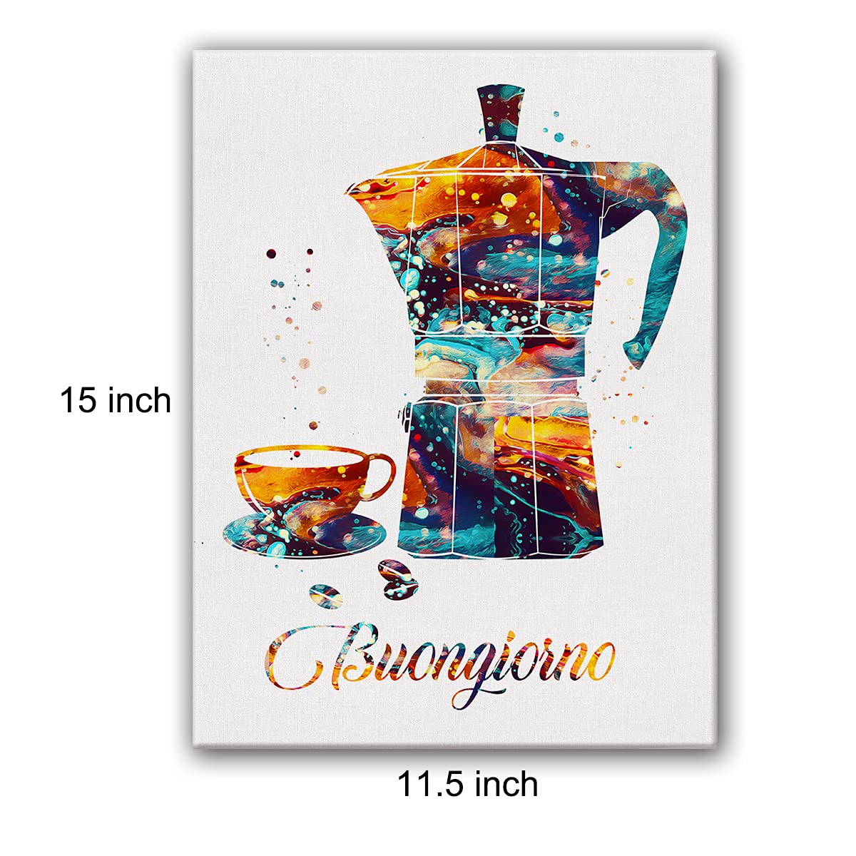 Buongiorno Moka Pot Coffee Watercolor Poster Canvas Wall Art for Home/Office/Kitchen Decor - Coffee Canvas Print Wall Art Painting Ready to Hang Gifts - Easel & Hanging Hook 12x15 Inch