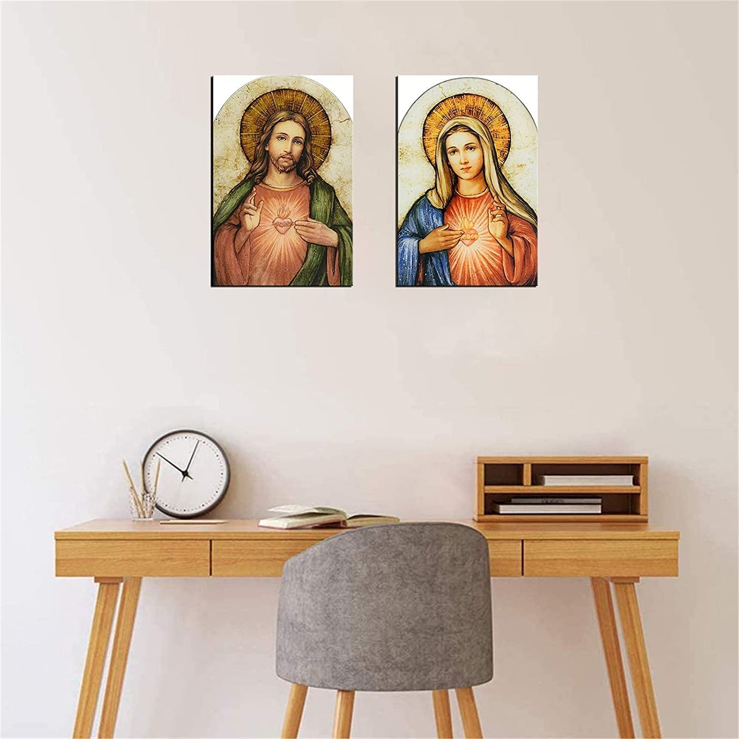 WRR Sacred Heart of Jesus and Mary Painting Poster Picture Print 2 Pieces Canvas Wall Art Home Room Decor Our Lady Mary Immaculate Conception Mural -731 (8x12*2inch-NoFramed)