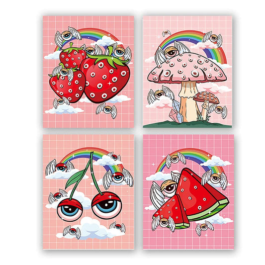Retro Poster,Cute Watermelon Cherry Strawberry Mushroom Wall Art Canvas Painting Home Decor,Funny Kitchen Fruit Wall Art Prints,Set of 4 Retro Rainbow Wall Art Print Poster,8"x10",Unframed