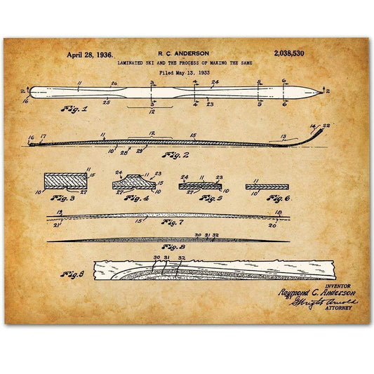 Skis Patent Print - VIntage Winter Sports Wall Art, Antique Decor for Lodge and Cabin, Skiing Equipment Wall Decor, Classic Gift for Skiers, 11x14 Unframed Skiing Patent Print Poster