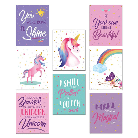 Unicorn Wall Decor - Unicorn Pictures Wall Decor Set Of 8 - Unicorn Wall Art Unframed - Rainbow Pictures Wall Art 8x10 - Easy To Decorate - Unicorn Art Prints - Unicorn Poster - Girls Wall Art