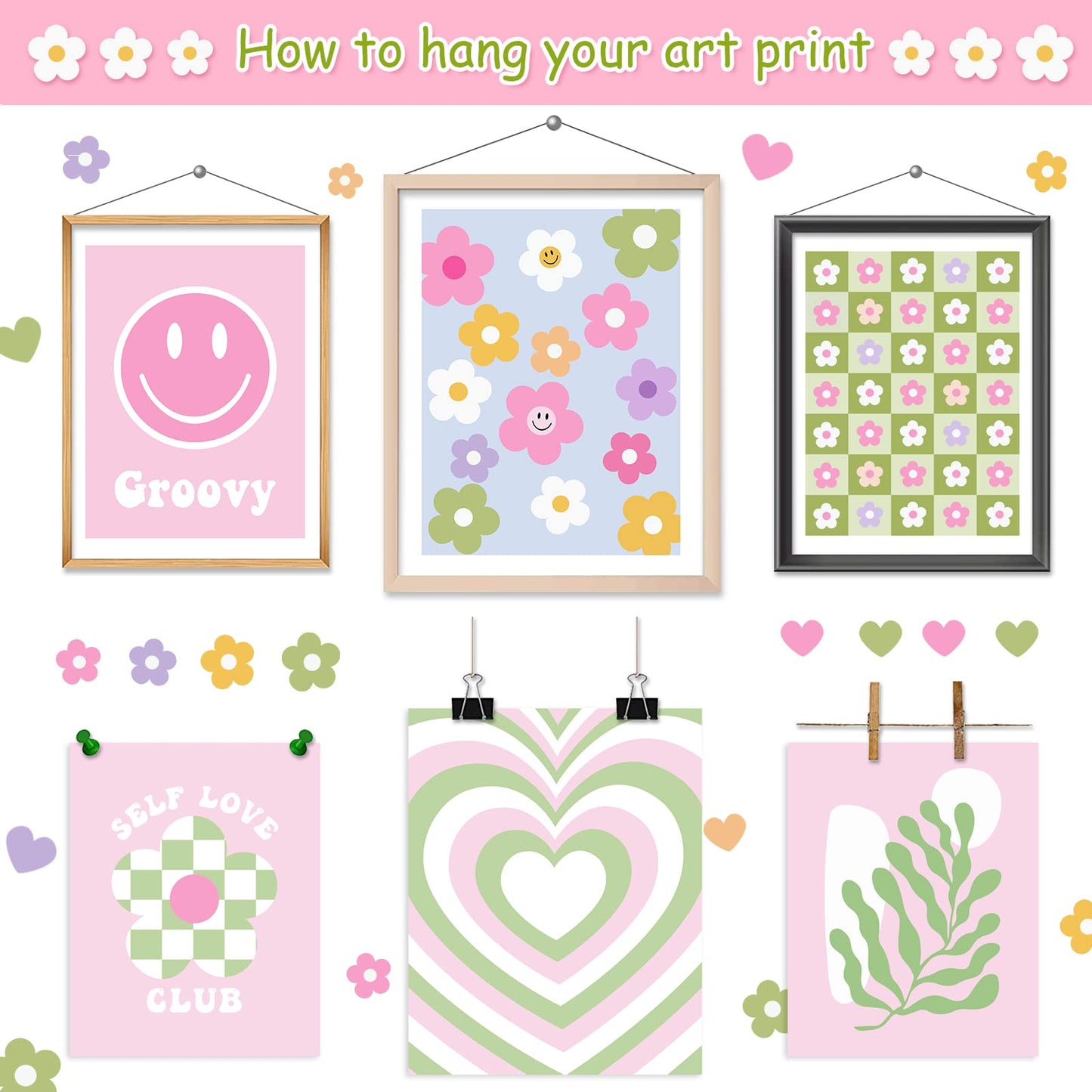 Whaline 9Pcs Preppy Posters Danish Pastel Wall Art Prints Room Decor for Teen Girls Bedroom College Dorm Room Posters Decorations(UNFRAMED 8x10)